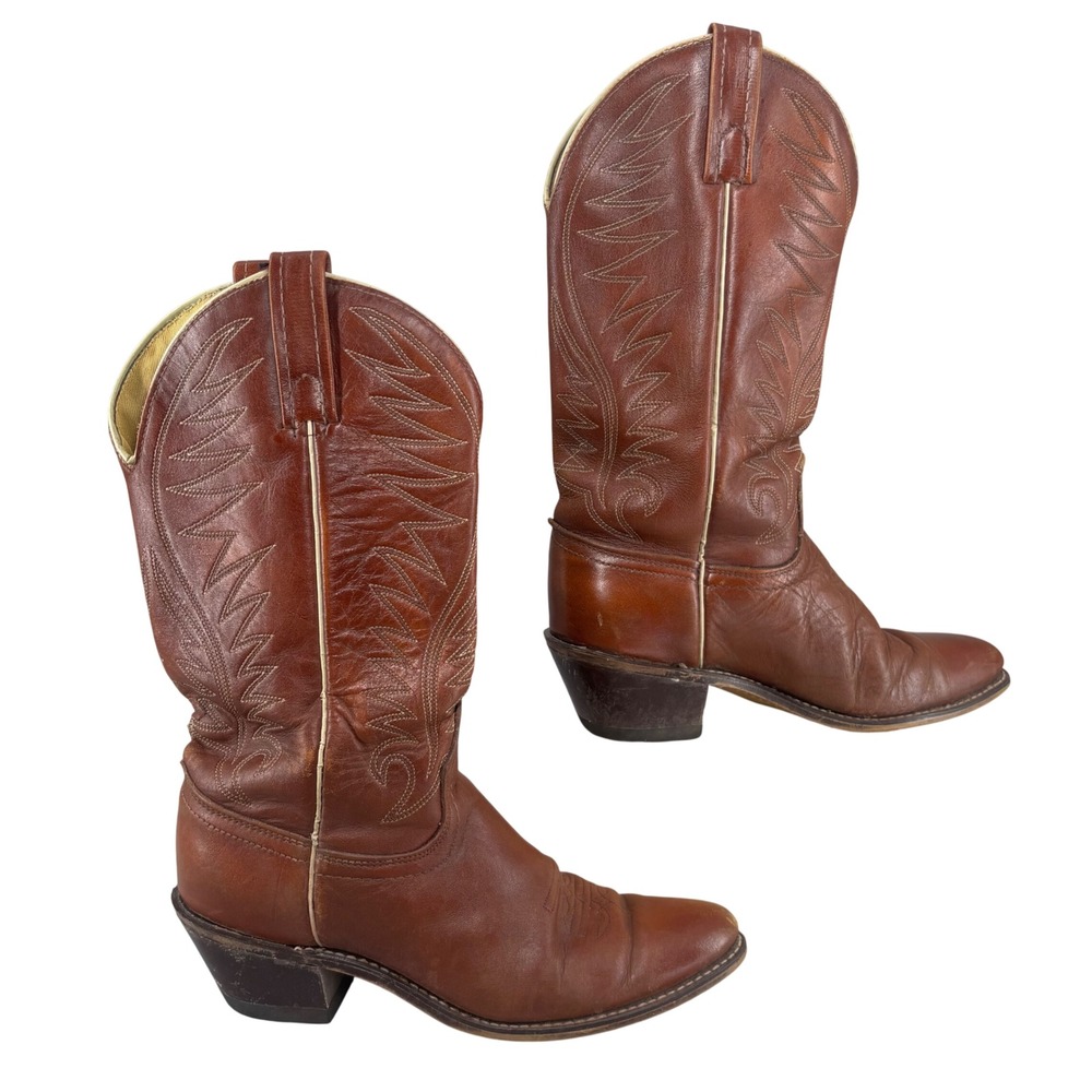 Vintage ACME Cowboy Boots Brown Leather Western Pointed Toe Stitched Women's 7C